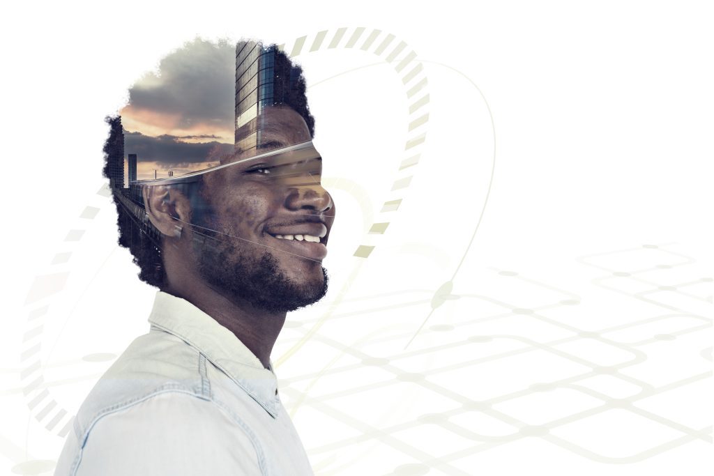 cheerful black man with a creative idea