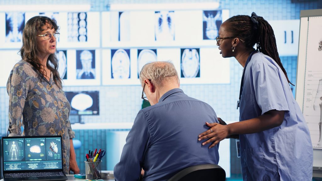 healthcare expert conducts a physical routine checkup on senior patient